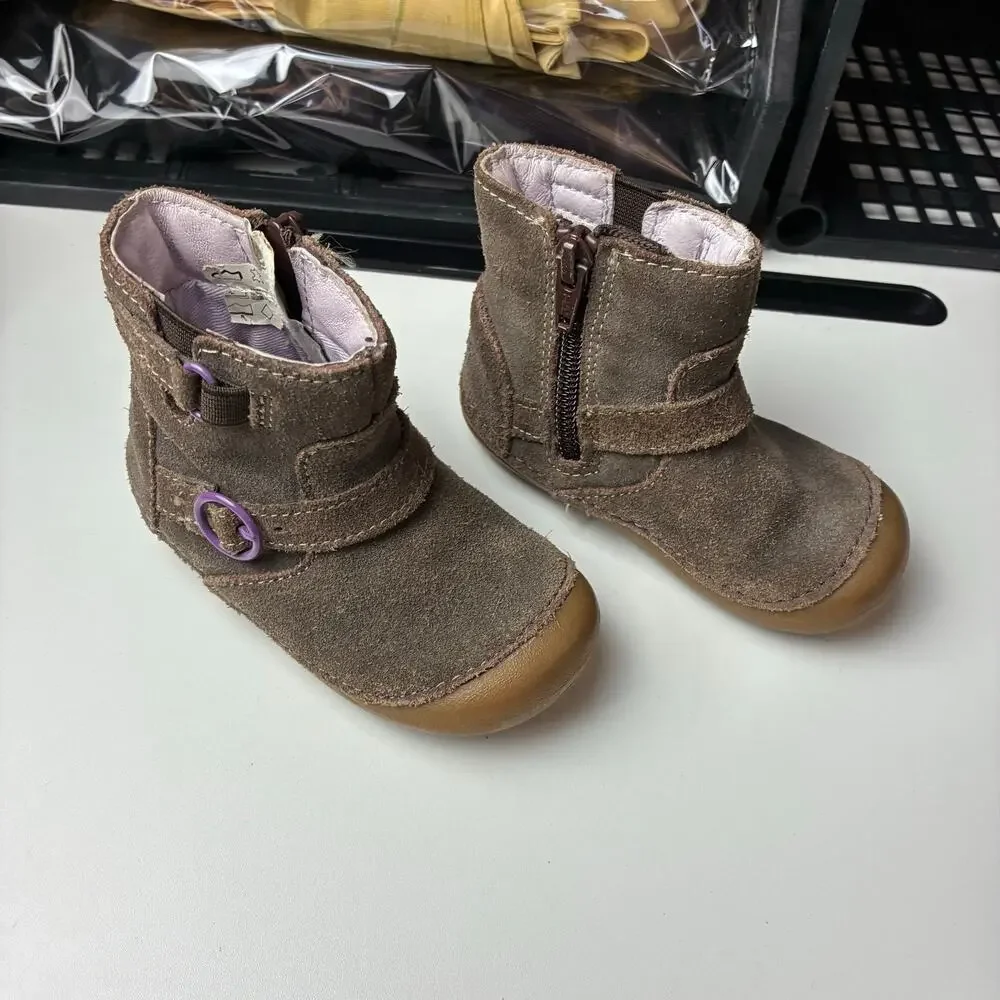 Stride Rite Brown Suede Boots Toddler Girl 6 Side Zip Purple Buckle Walking Shoe